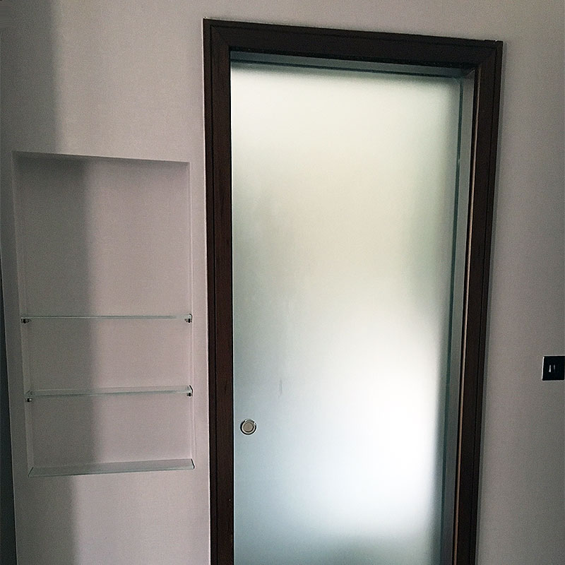 Glass door with glass shelving