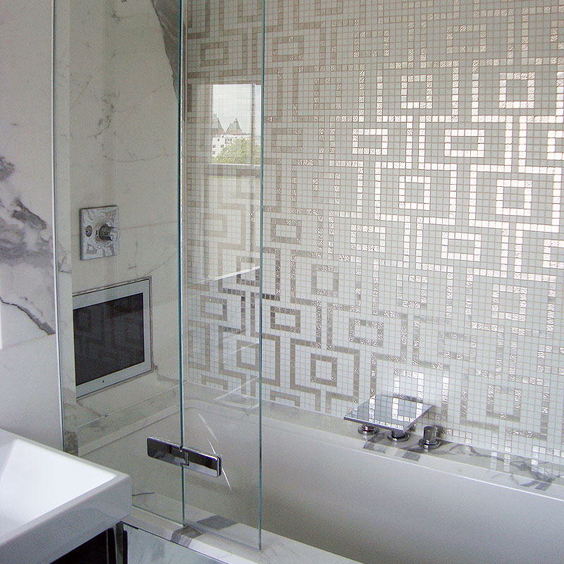 Frameless glass shower with TV