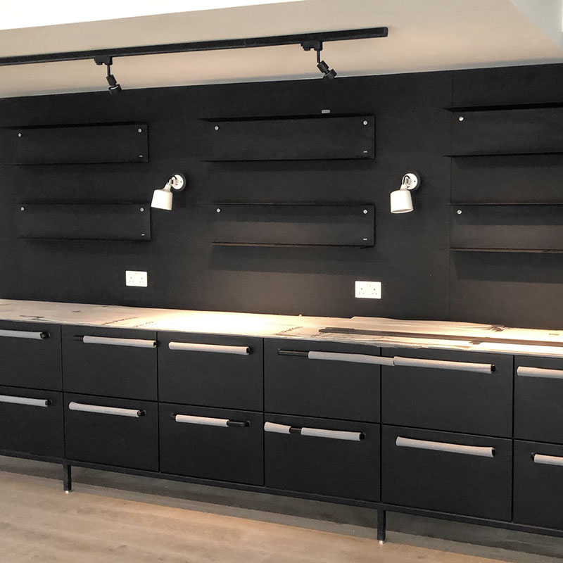 Black acid-etched glass splashback